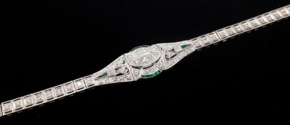 Art Deco style white gold diamond and emerald bracelet tested 18ct Condition Report