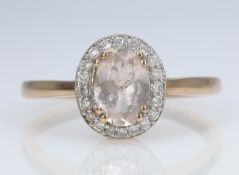 Rose gold pink quartz and diamond cluster ring hallmarked 9ct Condition Report size