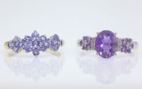 Lavender topaz cluster gold ring hallmarked 9ct and a purple stone and diamond set white gold ring