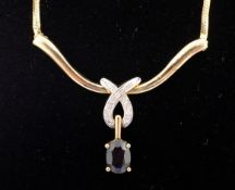 Sapphire and diamond gold necklace stamped 9kt Condition Report <a href='//www.