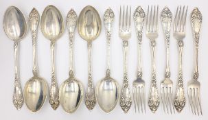 Set of six silver Norwegian dessert spoons and forks c.
