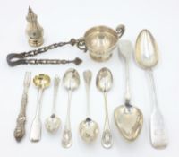 Pair of German silver serving spoons, three French silver teaspoons all marked, trophy cup, pepper,