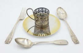 Hallmarked silver paten, silver fork and spoon,