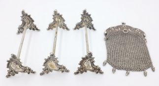 Set of three late 19th century silver knife rests stamped 800 and an early 20th century silver mesh