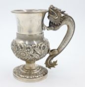 Late 19th century silver mug embossed floral decoration with Chinese dragon handle 6.
