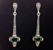 Pair of tourmaline and marcasite silver drop ear-rings stamped 925 Condition Report