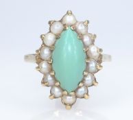 9ct gold turquoise and pearl cluster ring hallmarked Condition Report Approx 4.