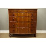 Early 19th Century figured mahogany bow front chest of four drawers, with rosewood faux frieze,