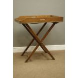 19th century oak butlers tray on folding stand, 77cm x 52cm,