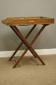 19th century oak butlers tray on folding stand, 77cm x 52cm,