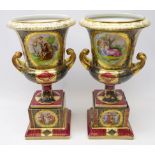 Pair of late 19th Century Vienna style porcelain campana urn shaped vase on stands,