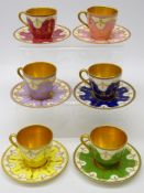 Set of six late 19th century Royal Doulton Harlequin coffee cups and saucers,