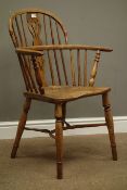 19th century Yew and elm Windsor armchair, turned supports with crinoline stretcher,