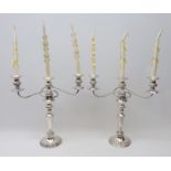 Pair three branch candelabra, silver on copper with beaded decoration,