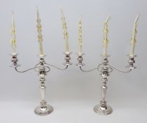 Pair three branch candelabra, silver on copper with beaded decoration,