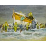 'The Launch of the Whitby Lifeboat', oil on canvas board signed A. Atkinson 40cm x 50.