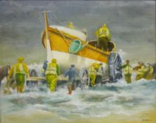 'The Launch of the Whitby Lifeboat', oil on canvas board signed A. Atkinson 40cm x 50.
