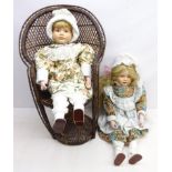 Two modern composite dolls, H70cm and wicker type dolls chair,