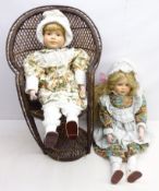 Two modern composite dolls, H70cm and wicker type dolls chair,