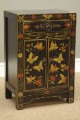 Chinese black lacquered Chinoiserie style bedside/lamp cabinet, W40cm, H61cm,