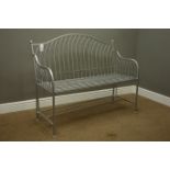 Wrought metal grey painted garden bench, on square supports, W115cm, H87cm,