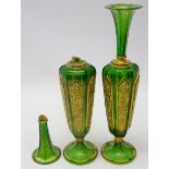 Pair late 19th century Bohemian emerald green glass vases, tapered hexagonal bodies,