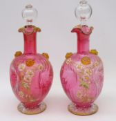 Pair Victorian cranberry tinted glass decanters, pinched waisted form,