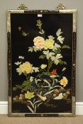 Large Japanese black lacquered panel decorated with floral Shibayama,