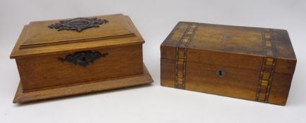 Edwardian style oak box with applied bronze scrolled mounts and a Victorian mahogany jewellery box