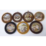 Seven Victorian Pratt ware pot lids including; 'The Enthusiast', 'The Swing', 'Alas Poor Bruin',