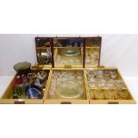 Set of twenty-one vintage champagne bowls, coloured glass jugs, vases,