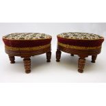 Pair Edwardian oak footstools with turned wood feet with bead and needlework upholstered tops,