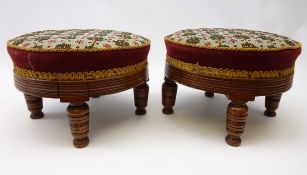 Pair Edwardian oak footstools with turned wood feet with bead and needlework upholstered tops,