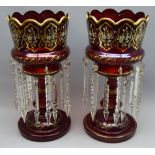 Pair Victorian ruby glass lustres, gilt and enamelled floral panels & coronet shaped top, H36.