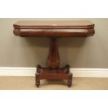 Late Regency period mahogany tea table, fold-over swivel top, pedestal base, W91cm,