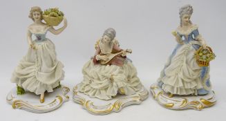 Three 1950's Capodimonte figurines, 18th century style figures, two holding baskets of flowers,