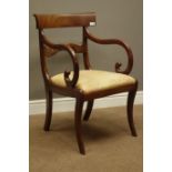 19th century mahogany Recency style armchair, curved figured top rail above carved horizontal rail,
