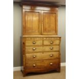 19th century inlaid oak cupboard on chest, enclosed by two panelled doors,