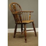 19th century Yew and elm Windsor armchair, turned supports with crinoline stretcher,