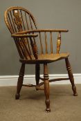 19th century Yew and elm Windsor armchair, turned supports with crinoline stretcher,