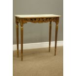 Late 20th century carved gilt wood console table on turned reeded supports with rectangular marble