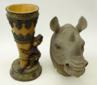 Victorian style resin cornucopia shaped vessel held by a monkey,
