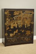 Chinese black lacquered Chinoiserie style two door cupboard with two drawers, W82cm, H97cm,