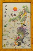 Chinese Republic period silk panel 'A Hundred Birds' decorated with satin stitch embroidery,