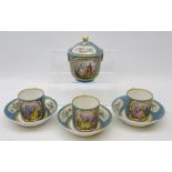 Three late 19th century Sevres style coffee cans and saucers & sucrier and cover,