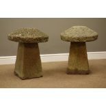 Pair composite stone staddle stones, circular domed tops on square tapered columns, D47cm,