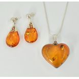 Silver amber heart pedant necklace and a pair of amber pendant ear-rings,