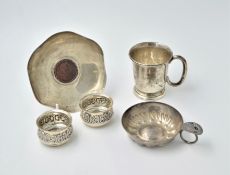 Silver mug, pair silver salts,