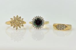 9ct gold stone set cluster ring hallmarked and two dress rings Condition Report 9ct