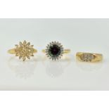 9ct gold stone set cluster ring hallmarked and two dress rings Condition Report 9ct